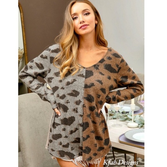 Gray and Mocha Leopard print V-neck soft rib knit. NWT Animal print - Picture 6 of 16